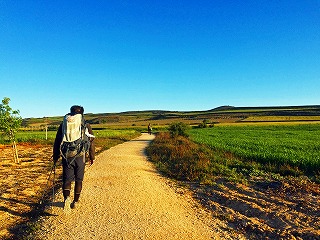 サンチアゴ巡礼路の道中。写真は、既に足を痛めて杖をついている著者。